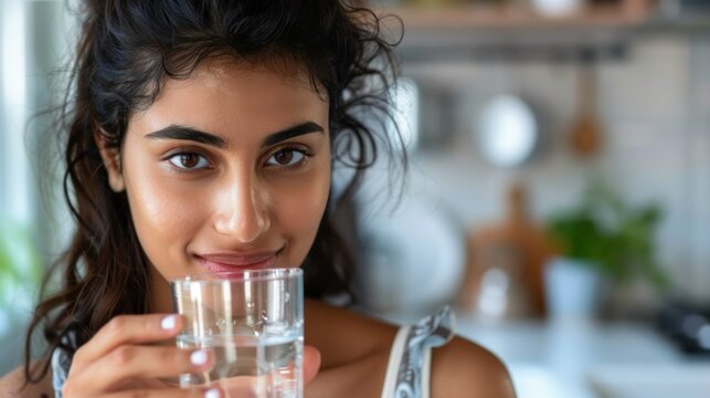A woman with dark hair and a radiant smile holding a glass of water in a kitchen setting exuding a sense of health and vitality.