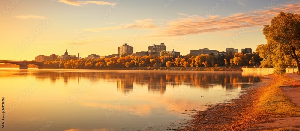 Poster Picturesque view of trees in the foreground with a tranquil river flowing in the background, captured at River Landing in Saskatoon Saskatchewan