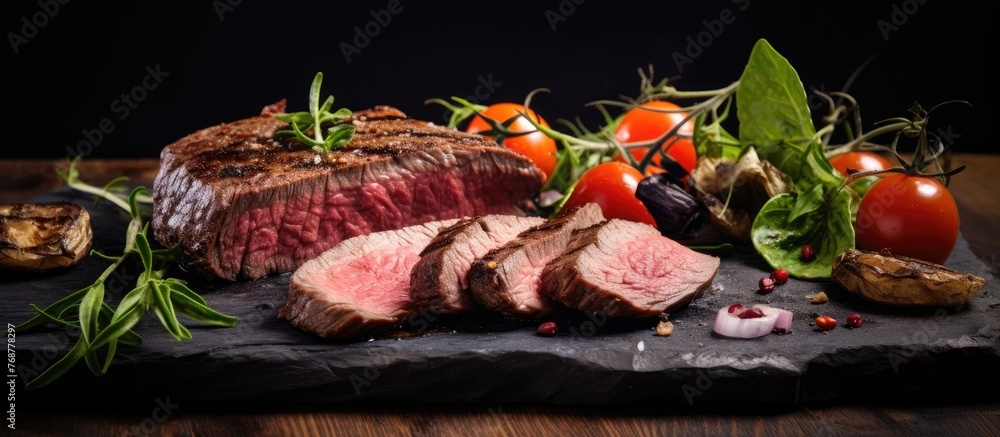 Poster a close up view of a steak with assorted vegetables on a wooden cutting board. the rustic style barb