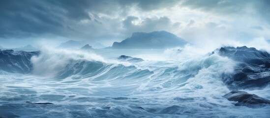 Obraz premium Powerful waves breaking against rugged rocks, creating a dramatic seascape with water spraying into the sky