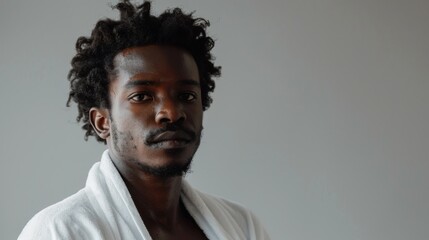 Fototapeta premium A man with curly hair and a beard wearing a white robe looking directly at the camera with a serious expression.