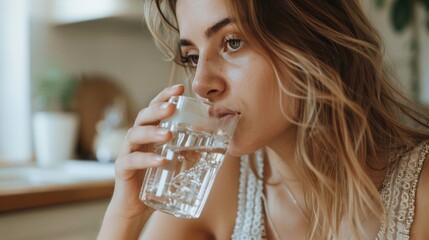 A woman with long wavy hair drinking water from a glass sitting in a cozy blurred indoor setting. - obrazy, fototapety, plakaty