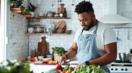 A man in a denim apron with a beard preparing a meal in a modern kitchen with white tiles and...