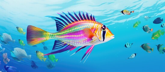 Naklejka premium A variety of bright, tropical sea fish, including a colorful fish, swimming in the crystal clear waters of the ocean alongside other vibrant marine creatures