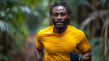 Focused male athlete running through a lush forest, wearing a bright yellow shirt, embodying health and endurance.