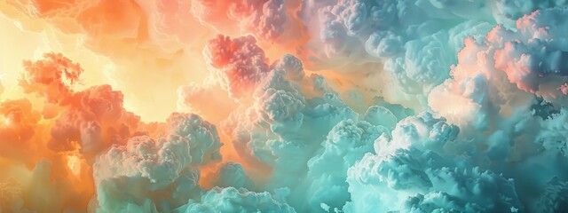 split background with pastel peach and mint green, accented by airy cloud-like light shapes drifting across the canvas.