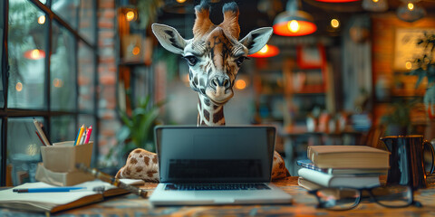 Whimsical Giraffe Joins the Remote Workforce in a Cozy CafГ© Setup Banner - Powered by Adobe