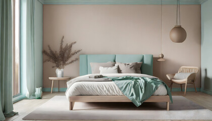 Scandinavian bedroom interior with bed in pastel beige and mint colors, 3d rendering . Generative AI.