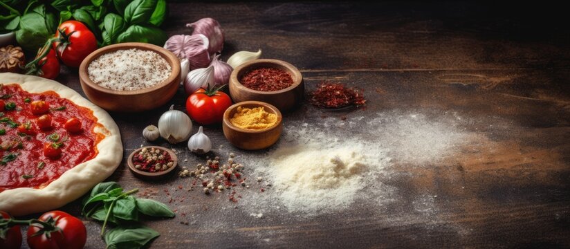 Unbaked pizza and various ingredients arranged on a wooden table for making a homemade pizza by a pizzaiollo. The pizza is topped with pepperoni, cheese, peppers, and tomato sauce