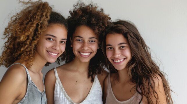 Three young women with curly hair smiling and posing closely together wearing sleeveless tops against a plain background.