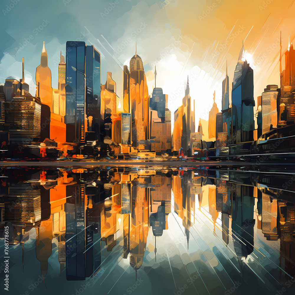 Wall mural abstract city skyline with mirrored buildings.