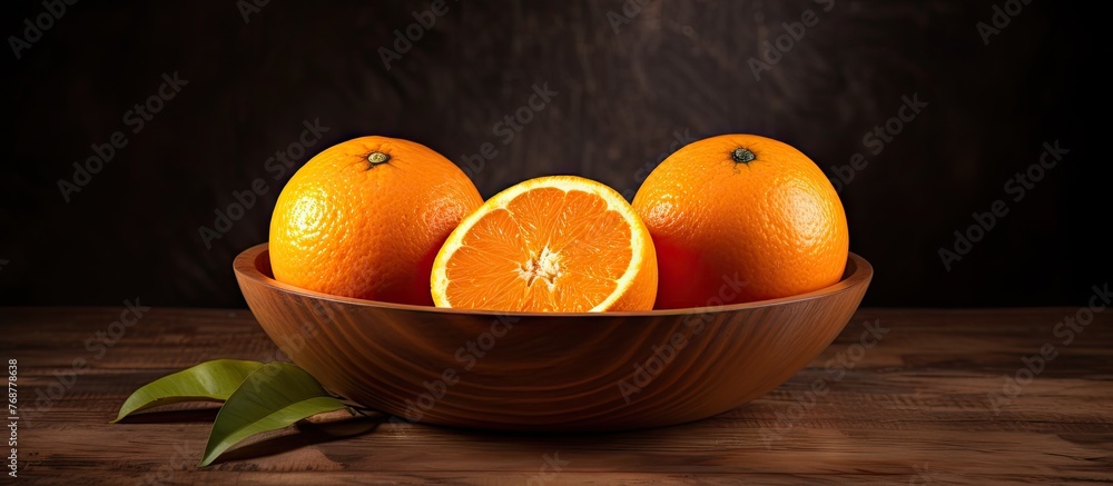 Poster fresh oranges are placed in a rustic wooden bowl on a simple table, creating a vibrant display