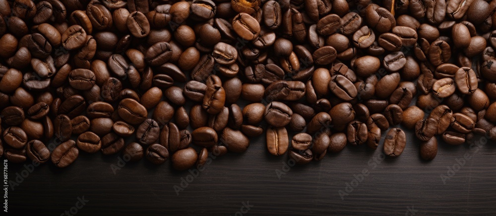 Poster scattered roasted brown coffee beans arranged on a black background creating a textured and rich cof