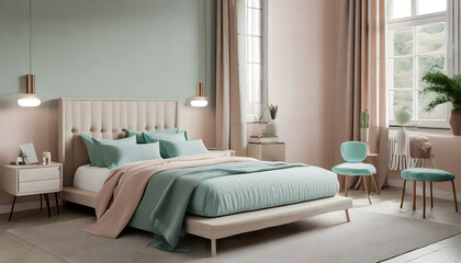 Scandinavian bedroom interior with bed in pastel beige and mint colors, 3d rendering . Generative AI.