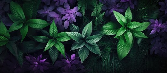 Vibrant purple flowers and lush green leaves contrast beautifully against the dark background, creating a striking botanical composition