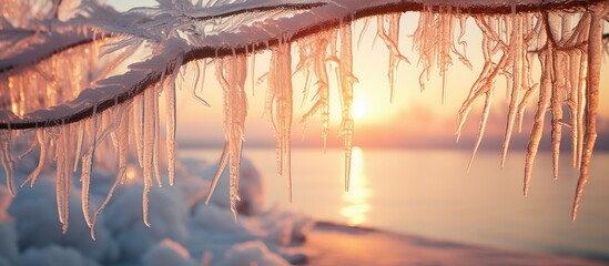 Sunset casts a warm glow on icicles hanging from a tree branch over tranquil water in a winter landscape - obrazy, fototapety, plakaty