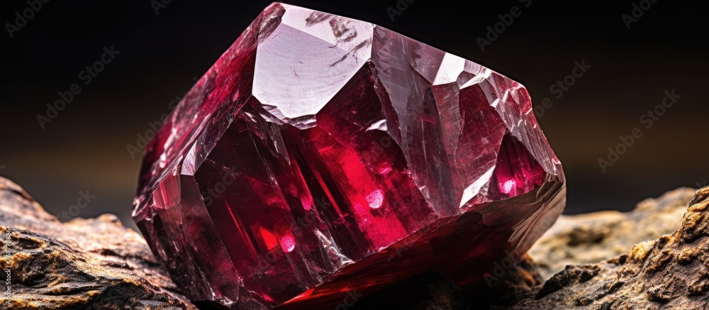 Poster detailed view of a vibrant red diamond nestled on a rough rock surface, showcasing its brilliant hue