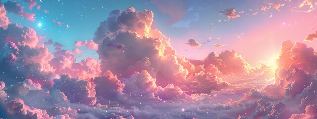 whimsical background resembling a sky filled with fluffy clouds at sunset. - obrazy, fototapety, plakaty