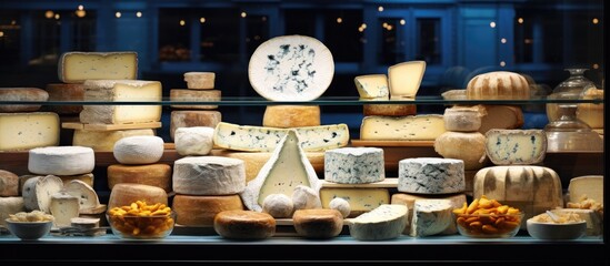 A wide variety of cheeses like blue cheese and camembert are showcased in a French shop with other dairy products - obrazy, fototapety, plakaty