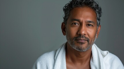 A man with a beard and graying hair wearing a white towel gazing off to the side with a thoughtful expression.
