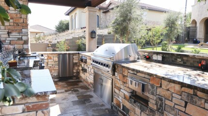 Fototapeta na wymiar Outdoor Kitchen With Grill and Sink