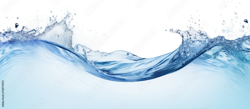 Poster a close-up view of a water wave with air bubbles, isolated on a plain white background