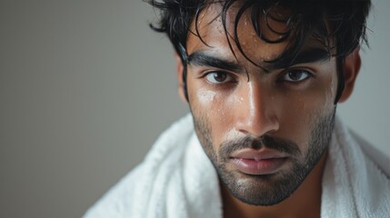 A close-up of a man with a beard and wet hair looking directly at the camera with a towel draped over his shoulder.