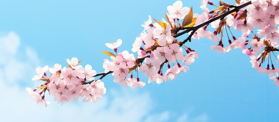 Branch of cherry tree in close-up showing beautiful pink blossoms against blue sky on a sunny day