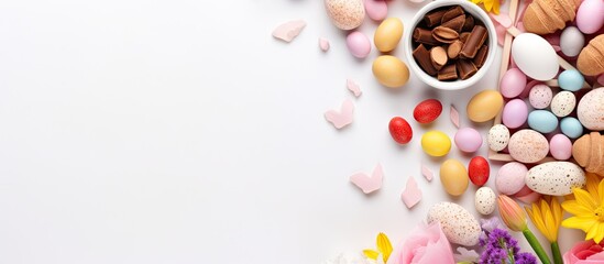 A close-up view of a ceramic bowl containing colorful candies next to vibrant blooming flowers on a clean white tabletop - obrazy, fototapety, plakaty