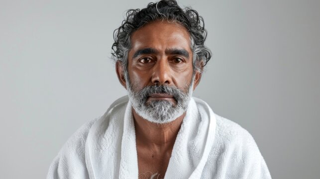 A man with a gray beard and hair wrapped in a white towel looking directly at the camera with a serious expression.
