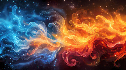 Abstract background; Silk and flames; Blue, orange, red, white, purple color; Smoke