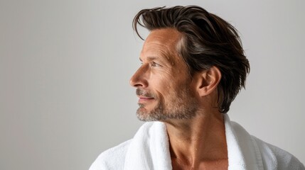 Fototapeta premium A man with a beard and graying hair wearing a white robe and looking to the side with a thoughtful expression.