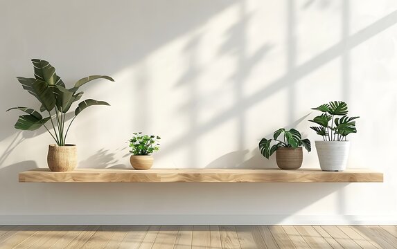 3D rendering of an empty wall in a modern yoga studio with a wooden shelf and plants on a white background, presenting a minimalist interior design mock up concept