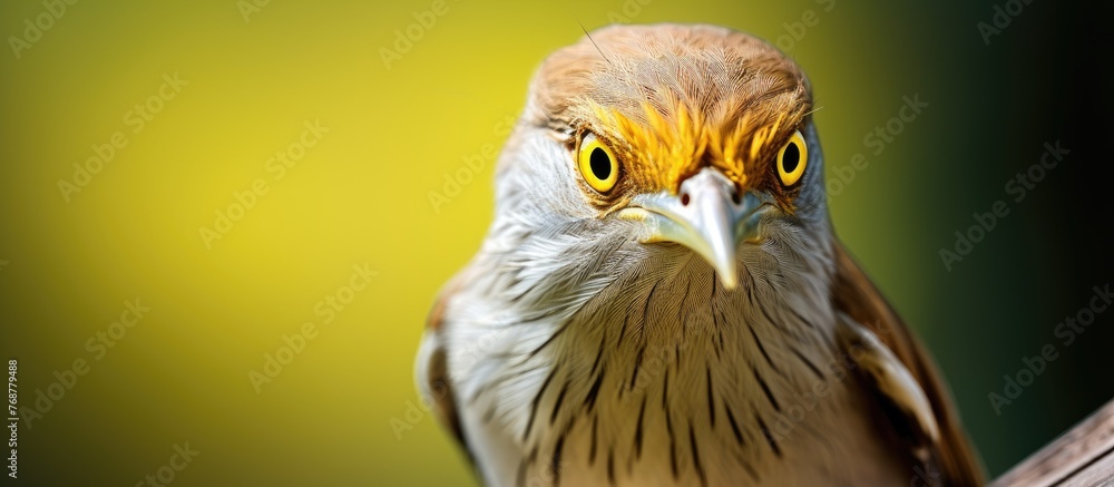 Poster a striking image of a bird sitting gracefully on a tree branch, set against a vibrant yellow backdro