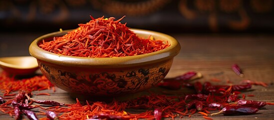 An image showing dried saffron displayed in a bowl with a small spoon beside it, capturing the essence of raw organic red saffron spice - obrazy, fototapety, plakaty