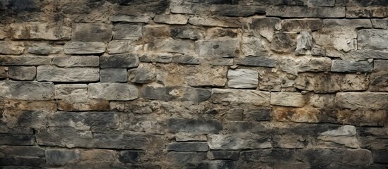 A detailed view of a rugged stone wall featuring a black and white sign, creating a textured...