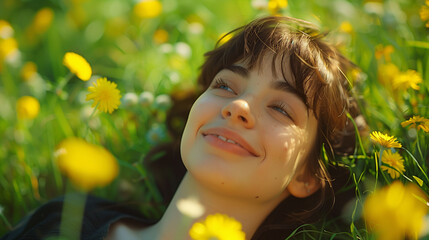 Happy young woman lying in a field of dandelions on a sunny day, enjoying nature with a joyful...