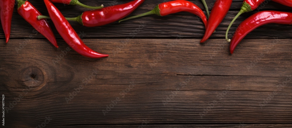 Aufkleber group of vibrant red hot peppers arranged on a wooden table alongside a fresh green leaf, creating a
