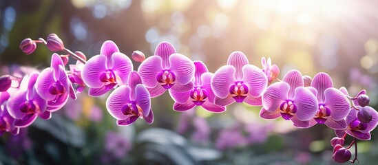 Purple moth orchids, Phalaenopsis amabilis, also known as Pink orchids, close-up in a greenhouse with a beautiful orchid background and sunlight shining softly through the leaves - obrazy, fototapety, plakaty