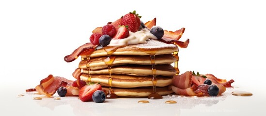 A close-up view of a delicious stack of fluffy pancakes topped with sweet syrup and colorful fresh fruits. A tasty breakfast spread with pancakes and crispy bacon on a white background. - Powered by Adobe