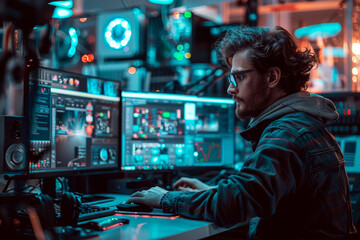Naklejka premium Professional Photography of a Tech Reviewer Testing Out The Latest Gadgets and Devices in a Sleek, Generative AI