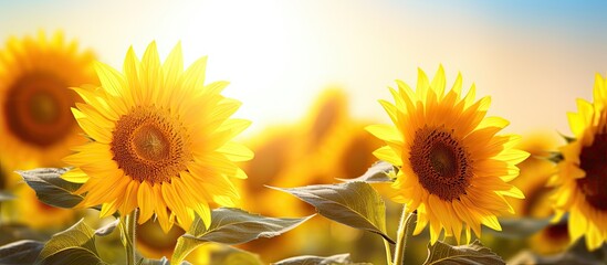 Obraz premium Lush blooming sunflowers bask in the sunlight in a vast field with vibrant yellow petals and green stalks