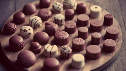 Exquisitely crafted chocolate sweets displayed on a wooden surface to entice consumption