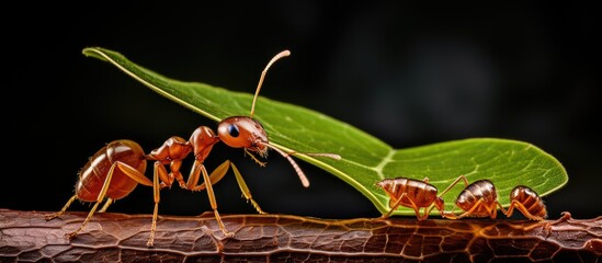 Close up of worker leafcutter ant Atta cephalotes cutting a leaf of Arachis pintoi with a drop of liquid in her jaws, a behavior still debated by scientists - obrazy, fototapety, plakaty
