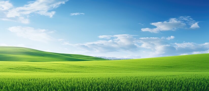 Lush green grass covers the ground in a vast meadow, stretching out under the clear blue sky