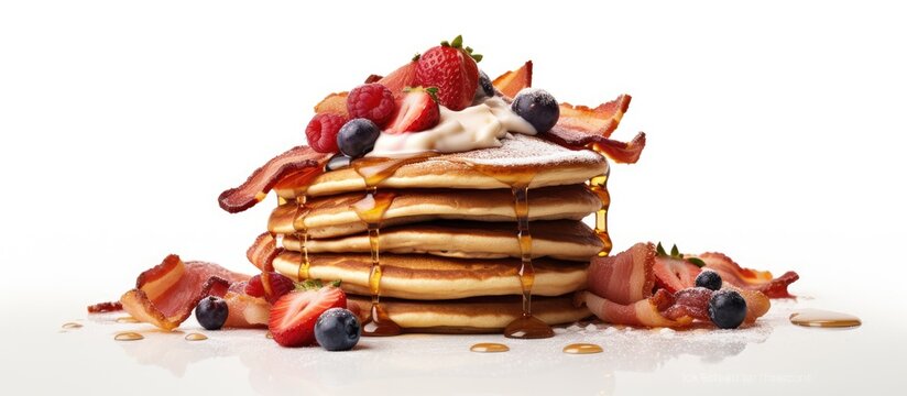 A close-up view of a delicious stack of fluffy pancakes topped with sweet syrup and colorful fresh fruits. A tasty breakfast spread with pancakes and crispy bacon on a white background.