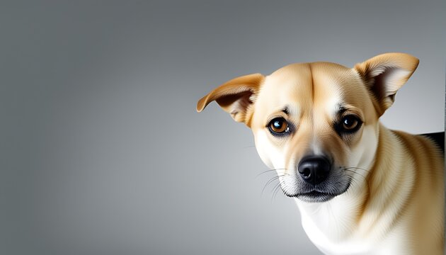 Portrait of a cute dog looking at the camera on gray background
