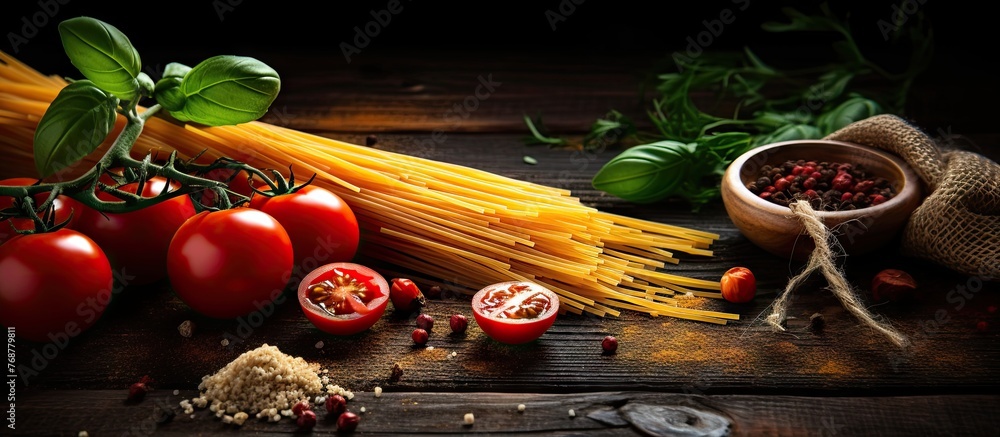 Aufkleber close-up view of a bunch of spaghetti and fresh tomatoes arranged on a table, ready to be cooked int