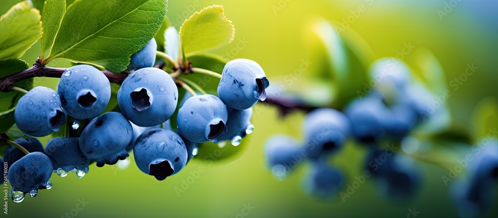 Poster close-up view of a branch of a blueberry tree covered in water droplets, highlighting its fresh and 