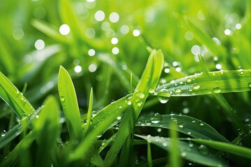 Green wet grass in water drops after rain. Fresh summer plants in sunlight
